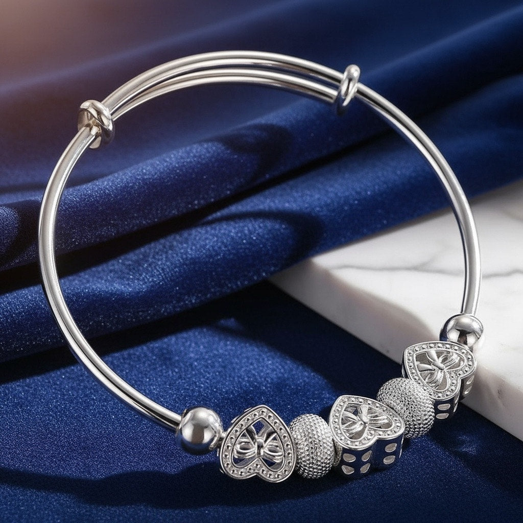 Adjustable Heart Charm Bangle, Silver-Tone, Stamped 925 Style