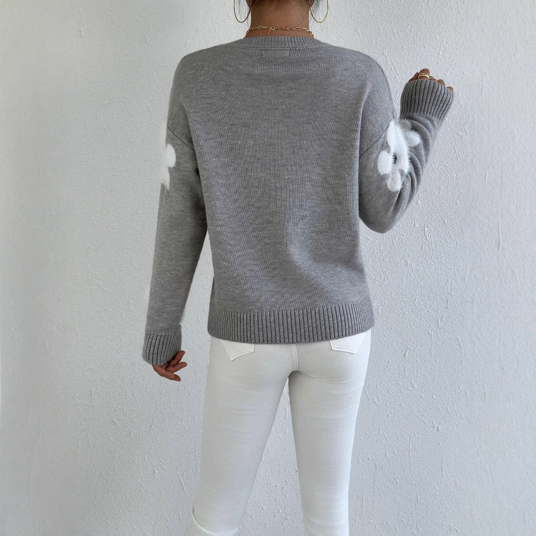 Fashion Flower Jacquard Knitted Pullover Sweater