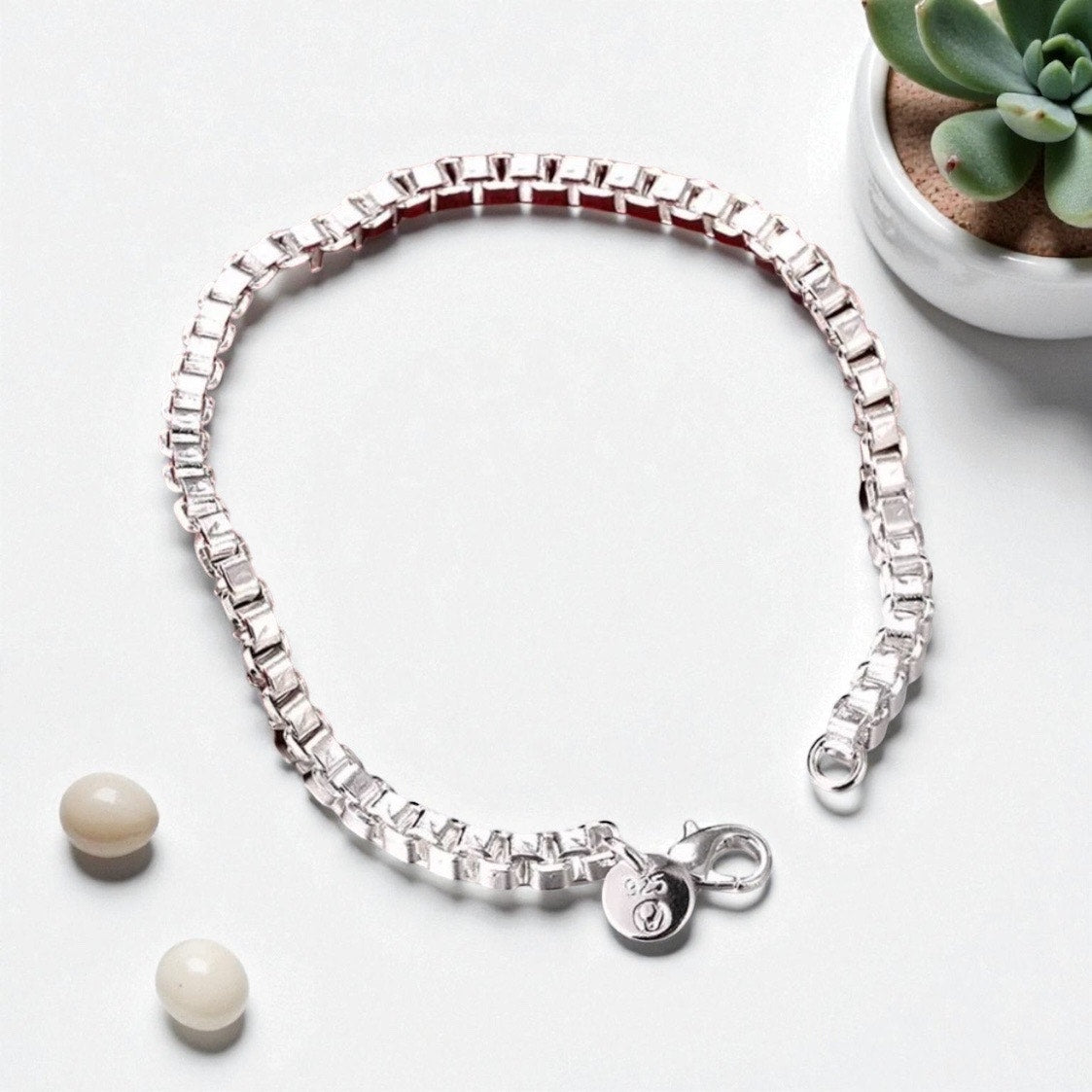 4MM box chain 925 Stamp Silver color Bracelet 7” Unisex