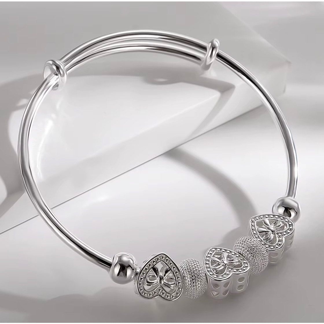 Adjustable Heart Charm Bangle, Silver-Tone, Stamped 925 Style