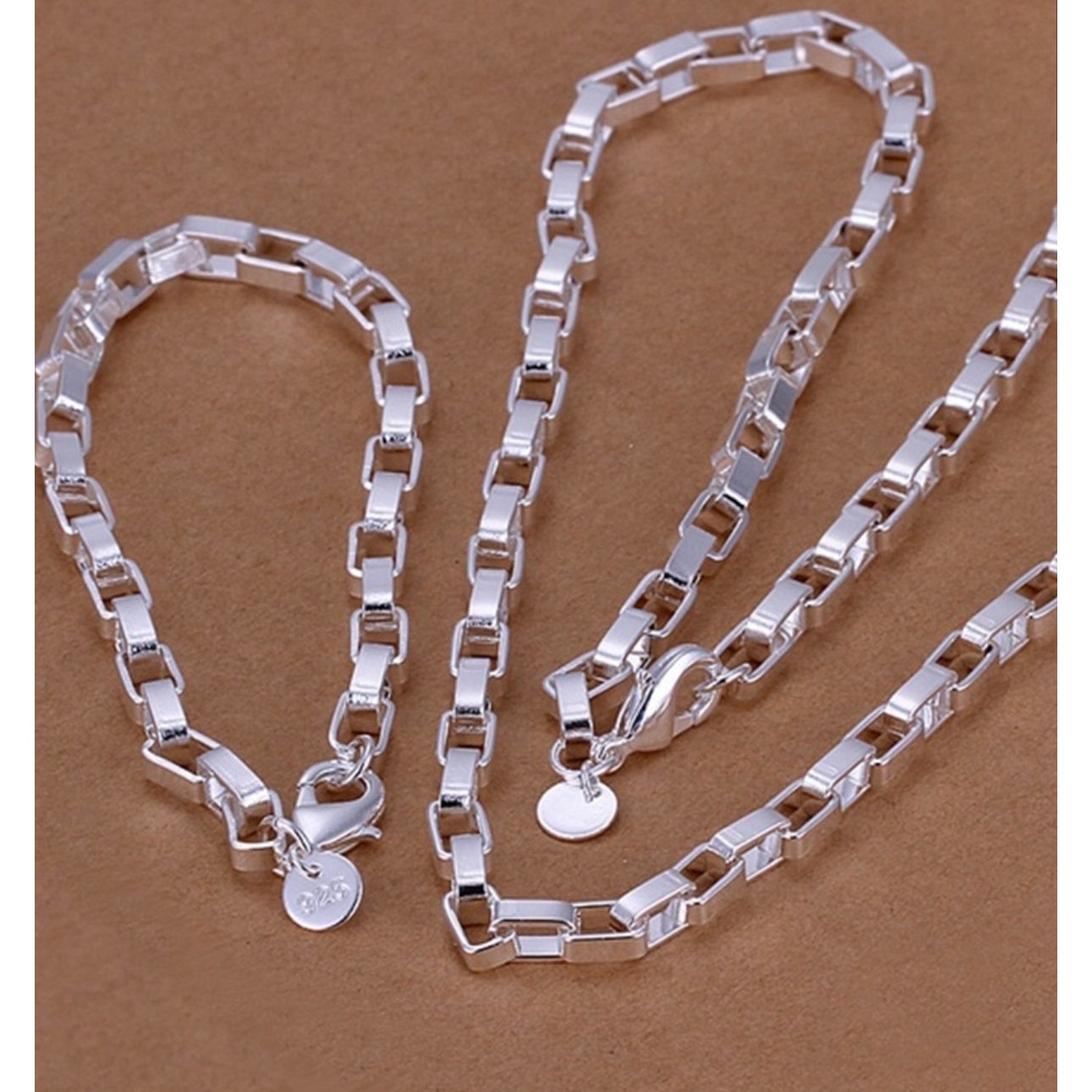 925 Sterling Silver box Chain 925 Bracelets 8” Necklace 20” Jewelry set Unisex