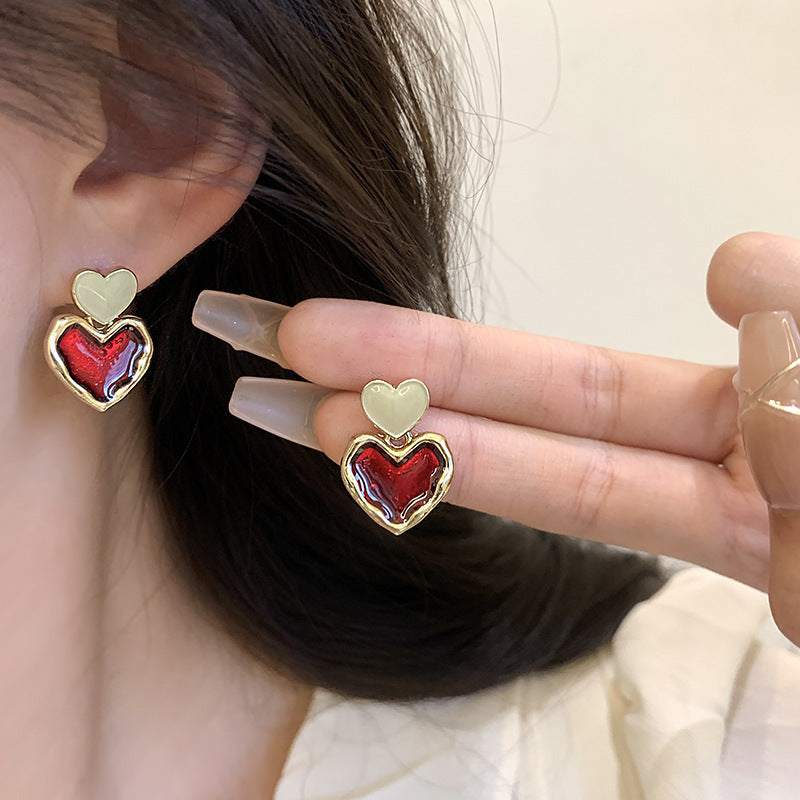 Wine Red Love Heart Earrings For Women Girl Gold Color Metal Love Heart Hanging Dangle Earrings Vintage Jewelry