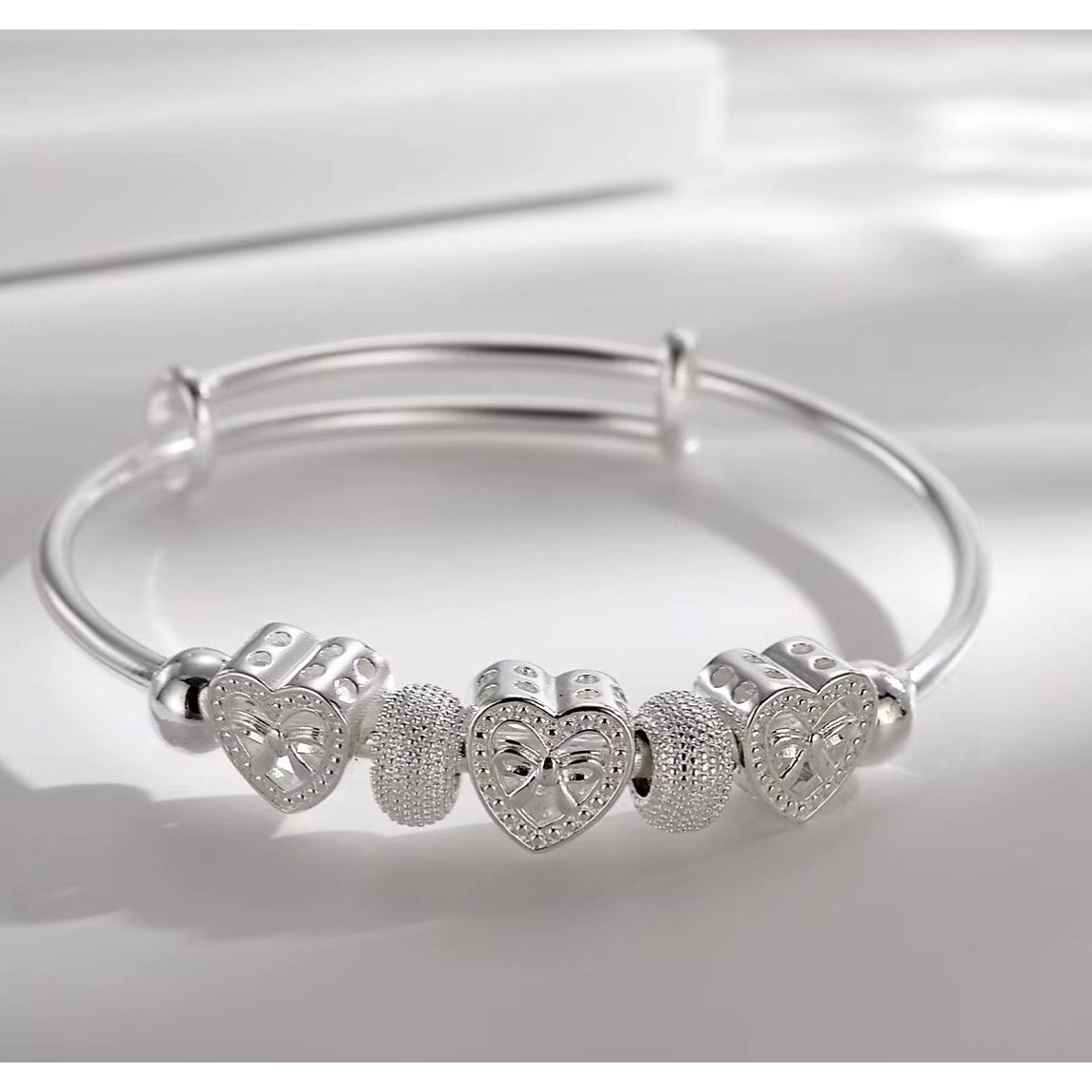 Adjustable Heart Charm Bangle, Silver-Tone, Stamped 925 Style