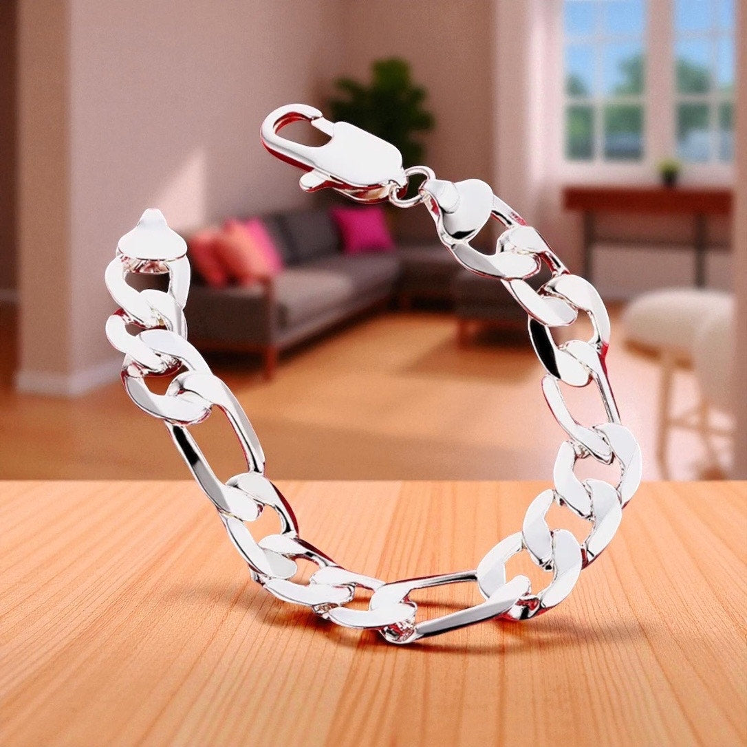 12MM Figaro Set 925 Sterling Silver 28” Necklace 7” Bracelet unisex Heavy