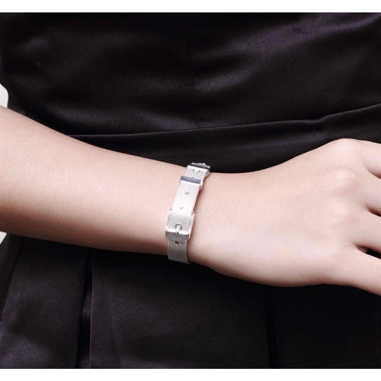Mesh Strap Buckle Bracelet, Silver-Tone, Stamped 925 Style, Adjustable