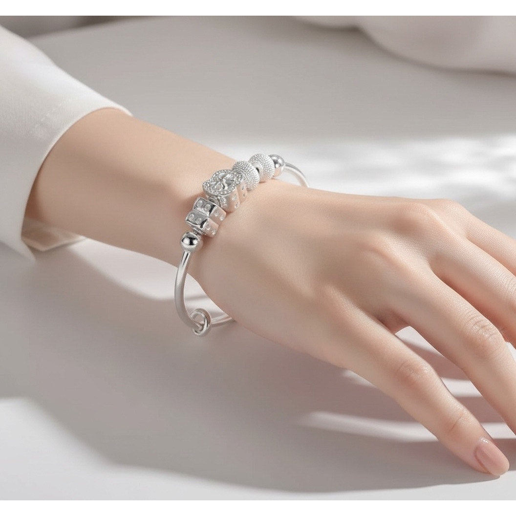 Adjustable Heart Charm Bangle, Silver-Tone, Stamped 925 Style