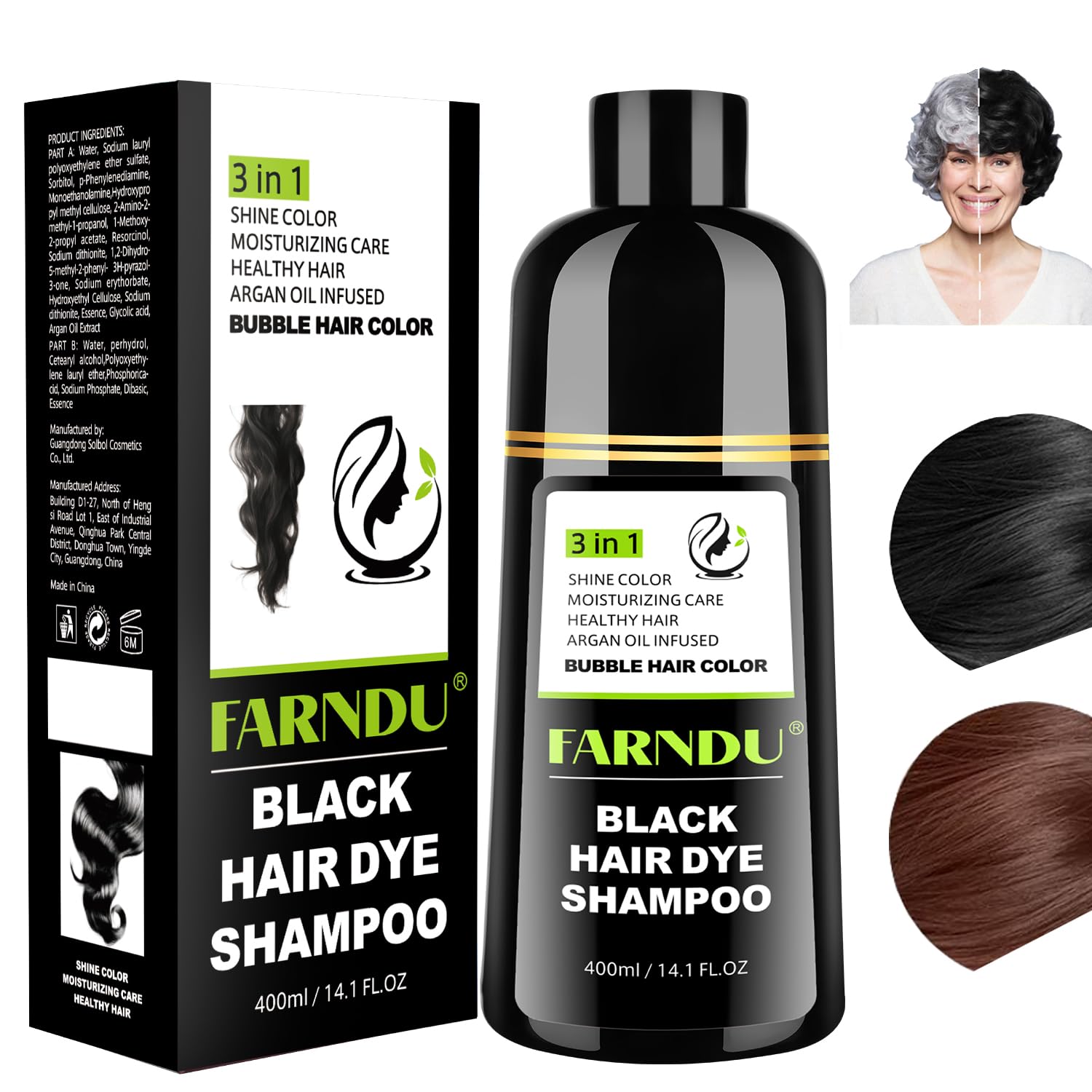 Farndu Black Hair Dye Shampoo for Women & Men, Gray Hair Coverage, 3-in-1 Hair Color Shampoo