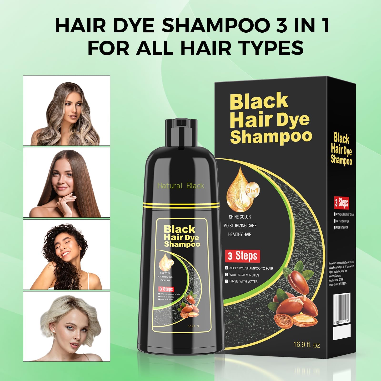 BELEZALIB Black Hair Dye Shampoo for Woman & Man, Argan Hair Color Shampoo 3 in 1, Semi-Permanent Gray Hair Coverage, Mild Formula, Lasts 30 Days(16.90 oz)