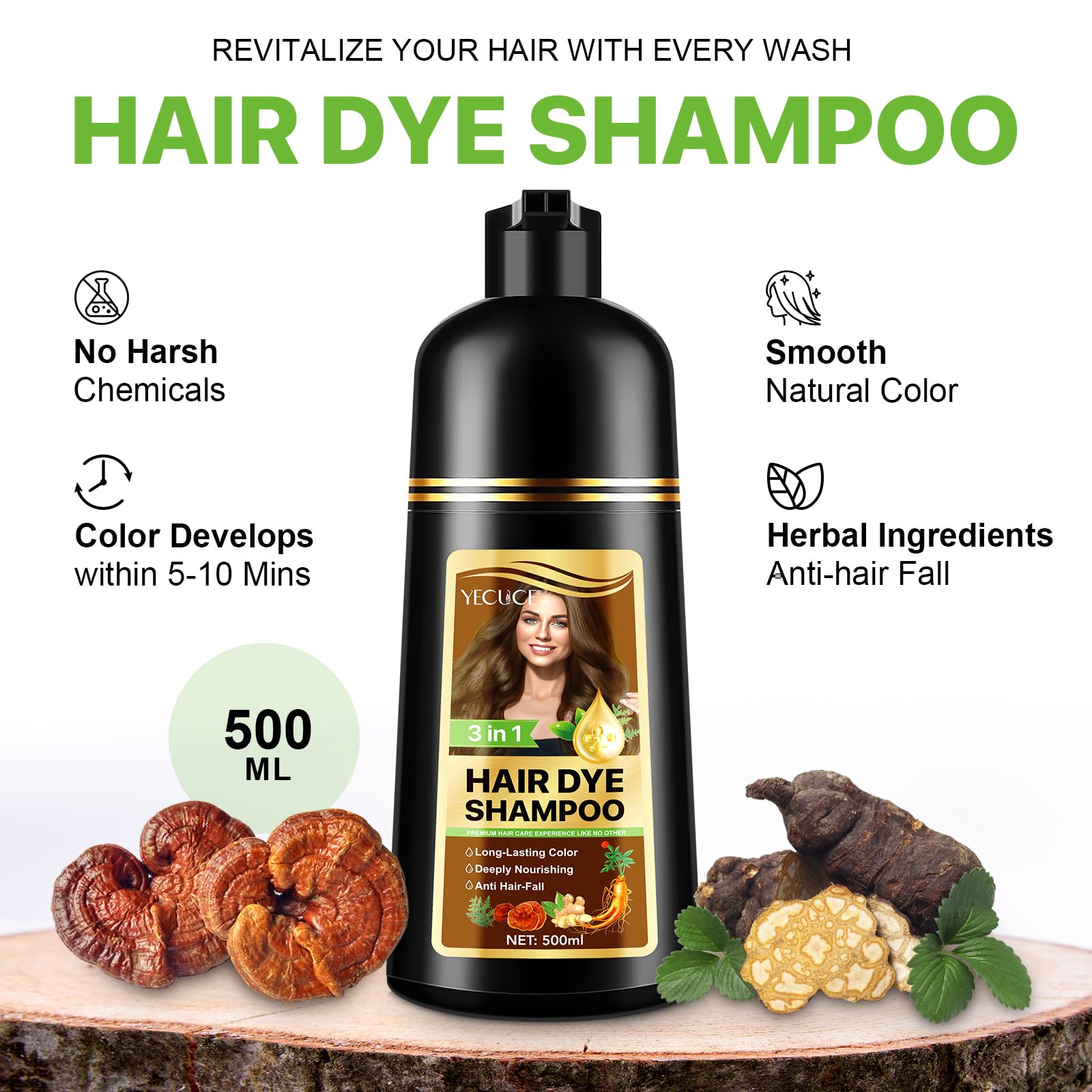 Instant Hair Dye Shampoo Dark Coffee, 500ml Color for Gray Coverage, Nature Herbal 3 in 1 for Men and Women, Long Lasting 16.9 Fl Oz