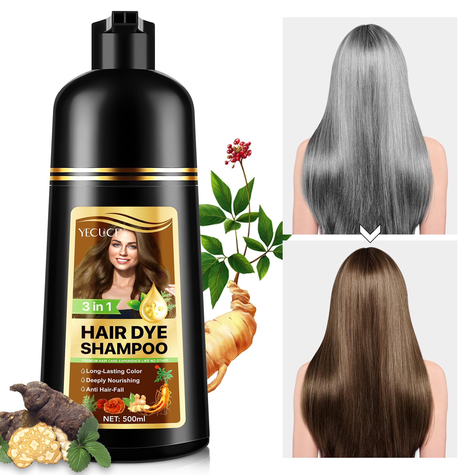 Instant Hair Dye Shampoo Dark Coffee, 500ml Color for Gray Coverage, Nature Herbal 3 in 1 for Men and Women, Long Lasting 16.9 Fl Oz