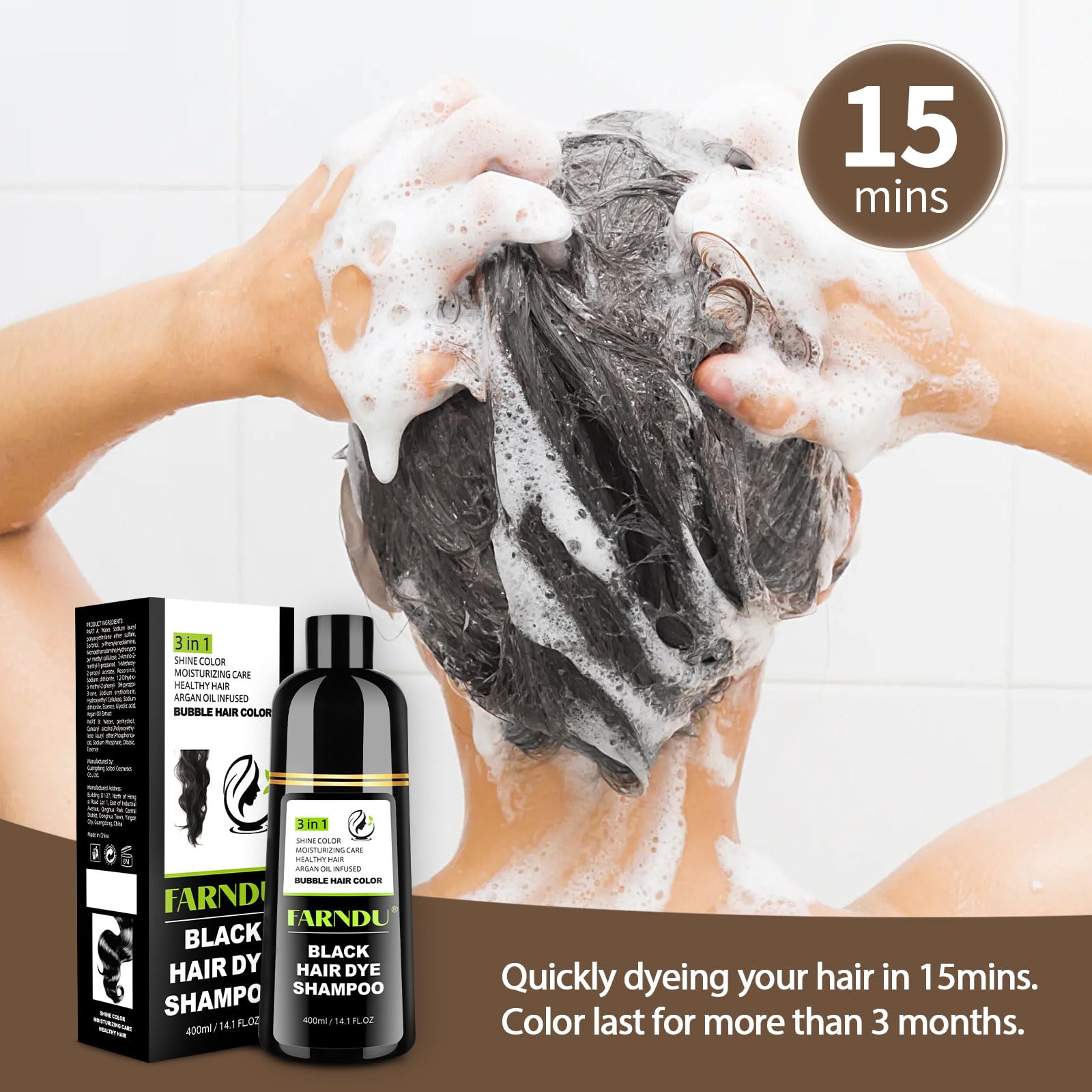 Farndu Black Hair Dye Shampoo for Women & Men, Gray Hair Coverage, 3-in-1 Hair Color Shampoo