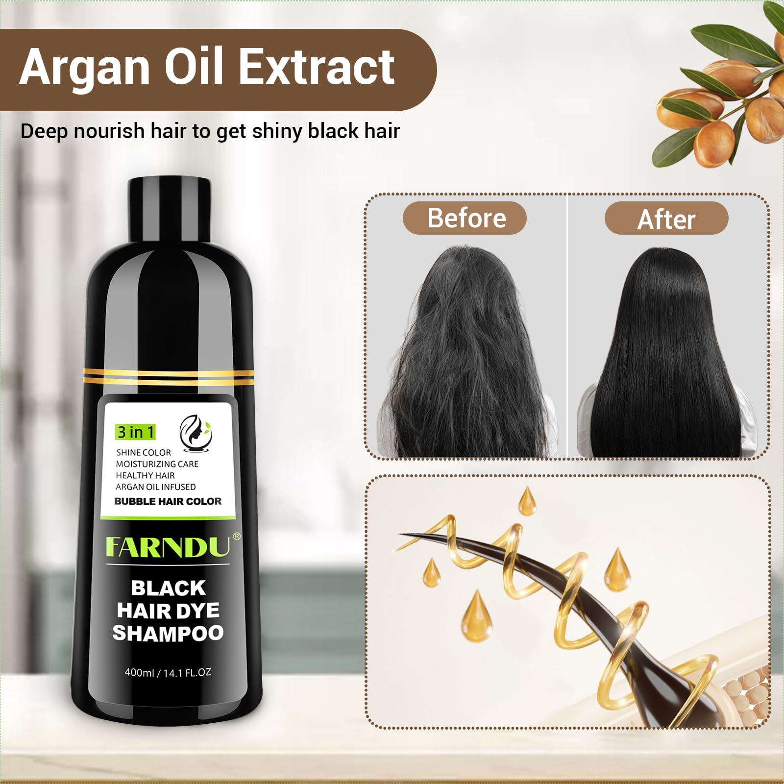 Farndu Black Hair Dye Shampoo for Women & Men, Gray Hair Coverage, 3-in-1 Hair Color Shampoo