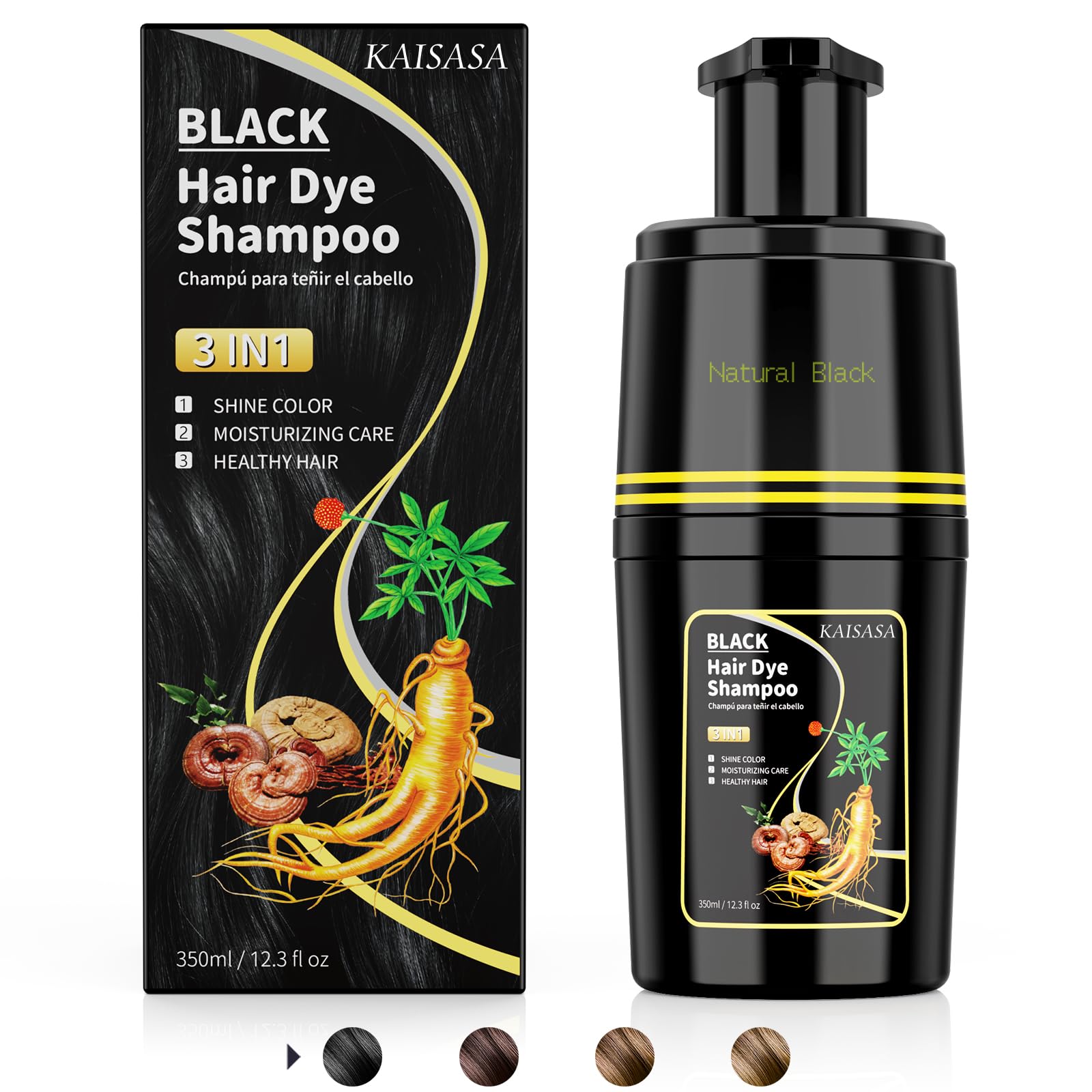 KAISASA Black Hair Dye Shampoo 3 in 1, Hair Color Shampoo for Cover Grey Hair, Natural with Herbal Ingredient for Men and Women (Black)
