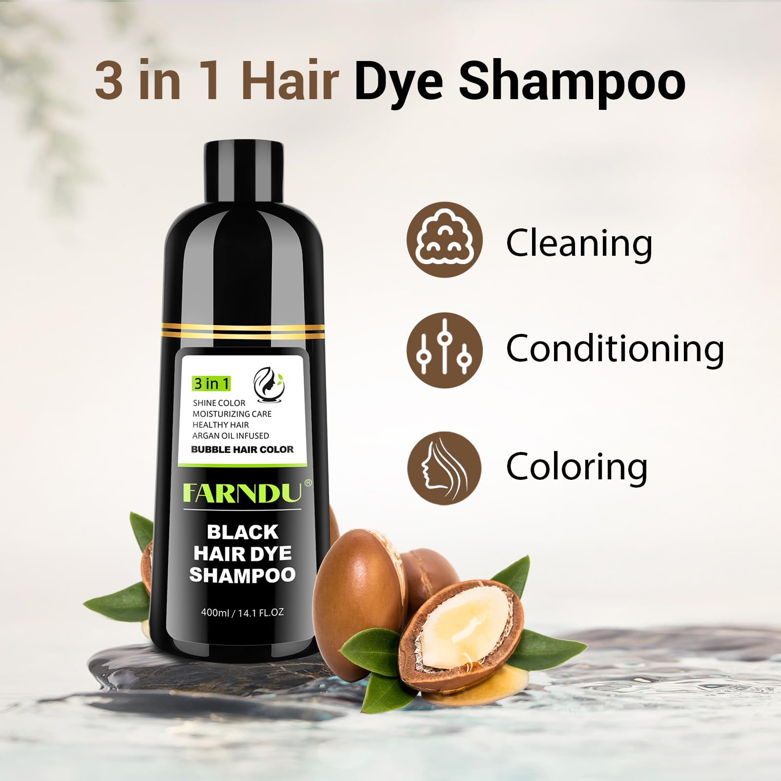 Farndu Black Hair Dye Shampoo for Women & Men, Gray Hair Coverage, 3-in-1 Hair Color Shampoo