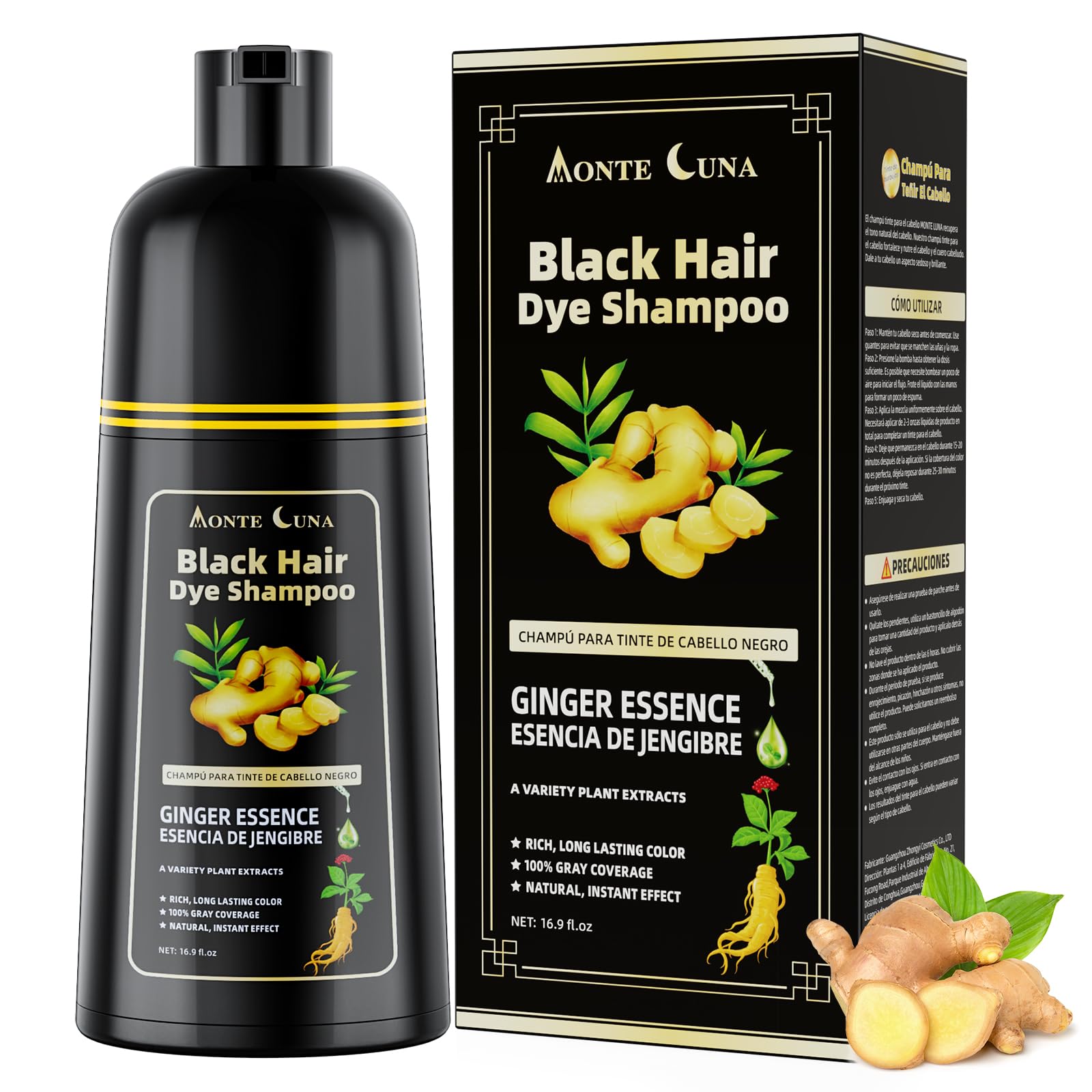 IIIMEIDU Black Hair Dye Shampoo 3 in 1, Natural Hair Dye Semi Permanent Hair Color, Gray Hair Cover Up, Ginger Essence shampoo for Color Treated Hair for Women and Men (500ml) 1