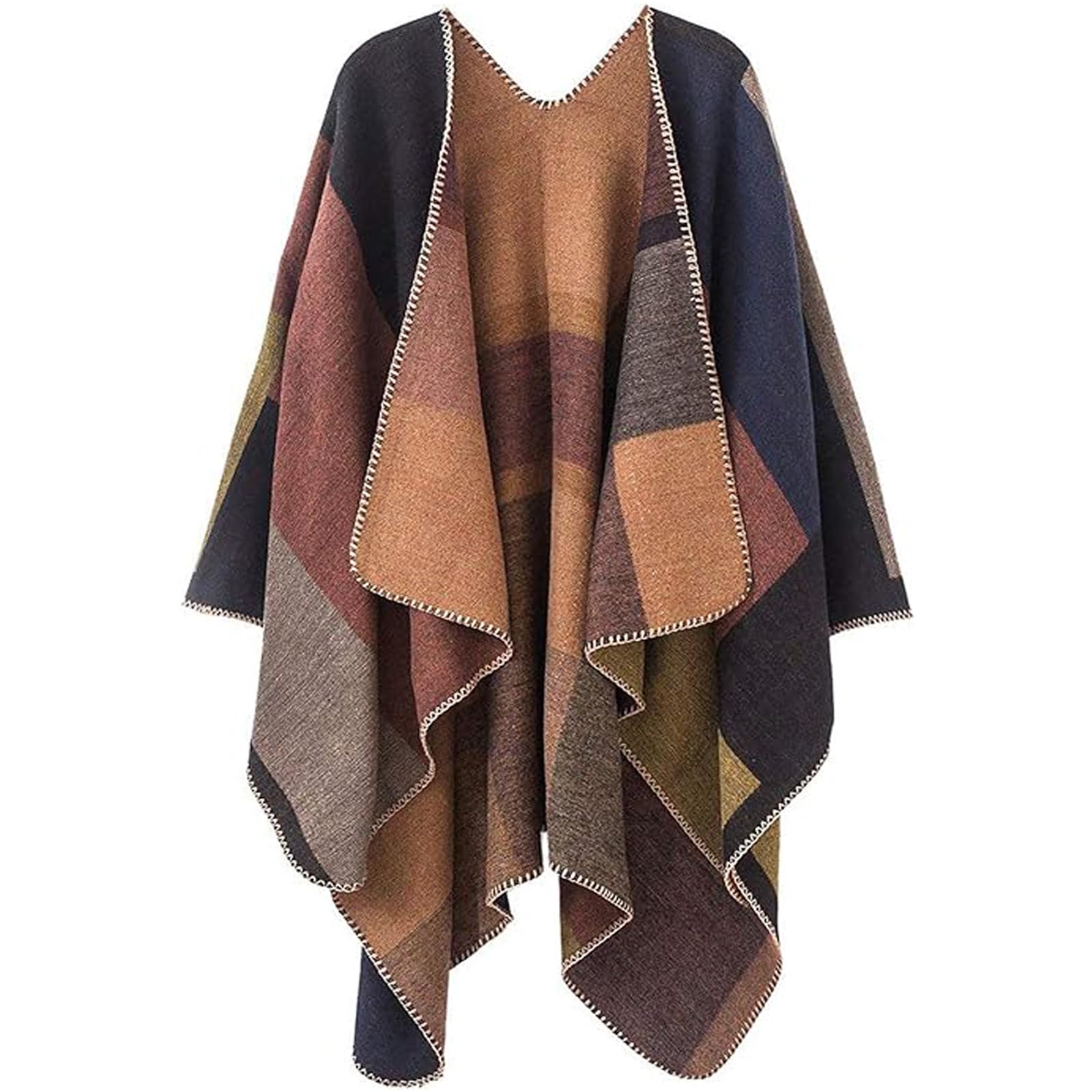 Women's Travel Plaid Shawl Wraps Open Front Poncho Cape Warm Oversized Sweaters Casual Cardigan Shawls for Fall Winter,Series 01-Khaki