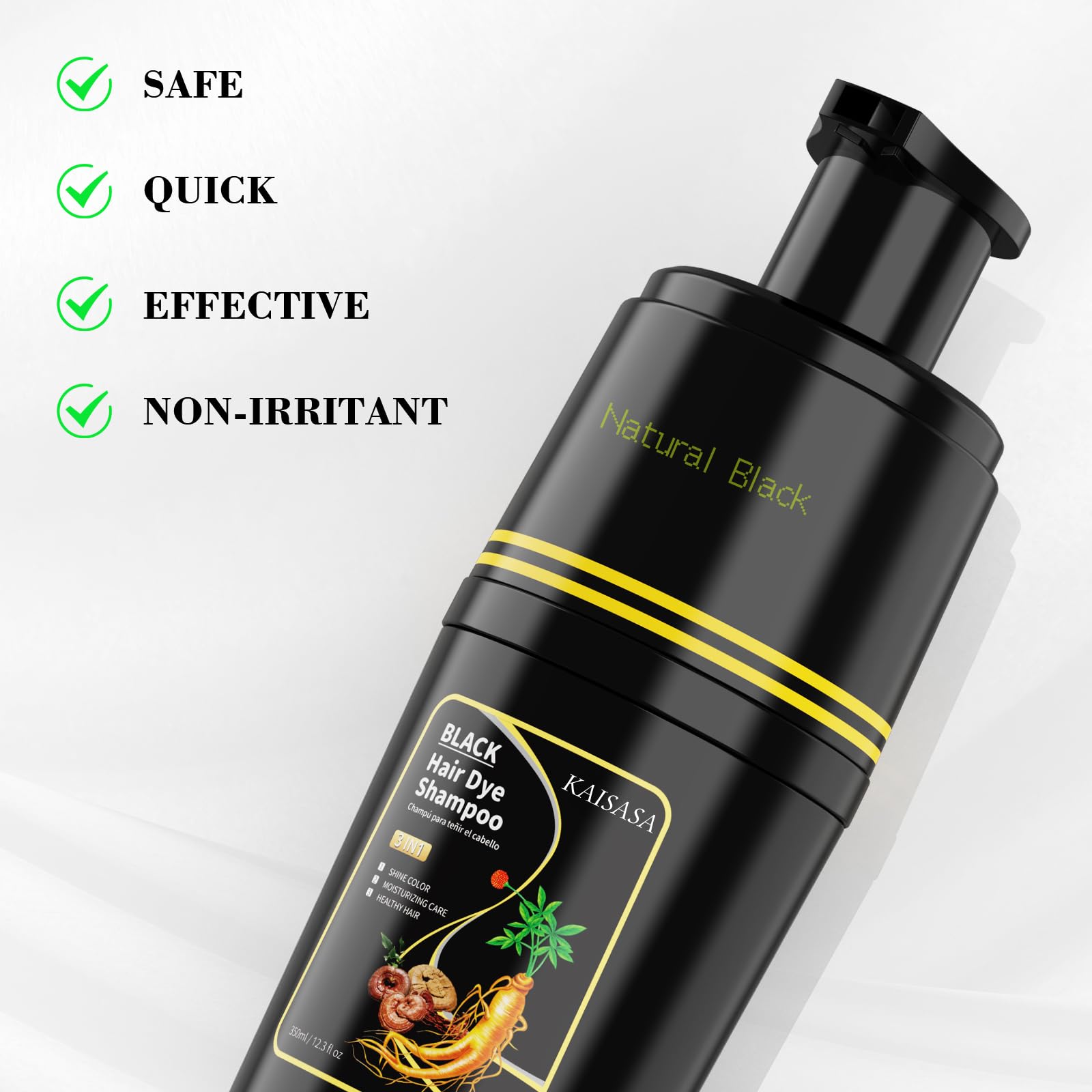 KAISASA Black Hair Dye Shampoo 3 in 1, Hair Color Shampoo for Cover Grey Hair, Natural with Herbal Ingredient for Men and Women (Black)