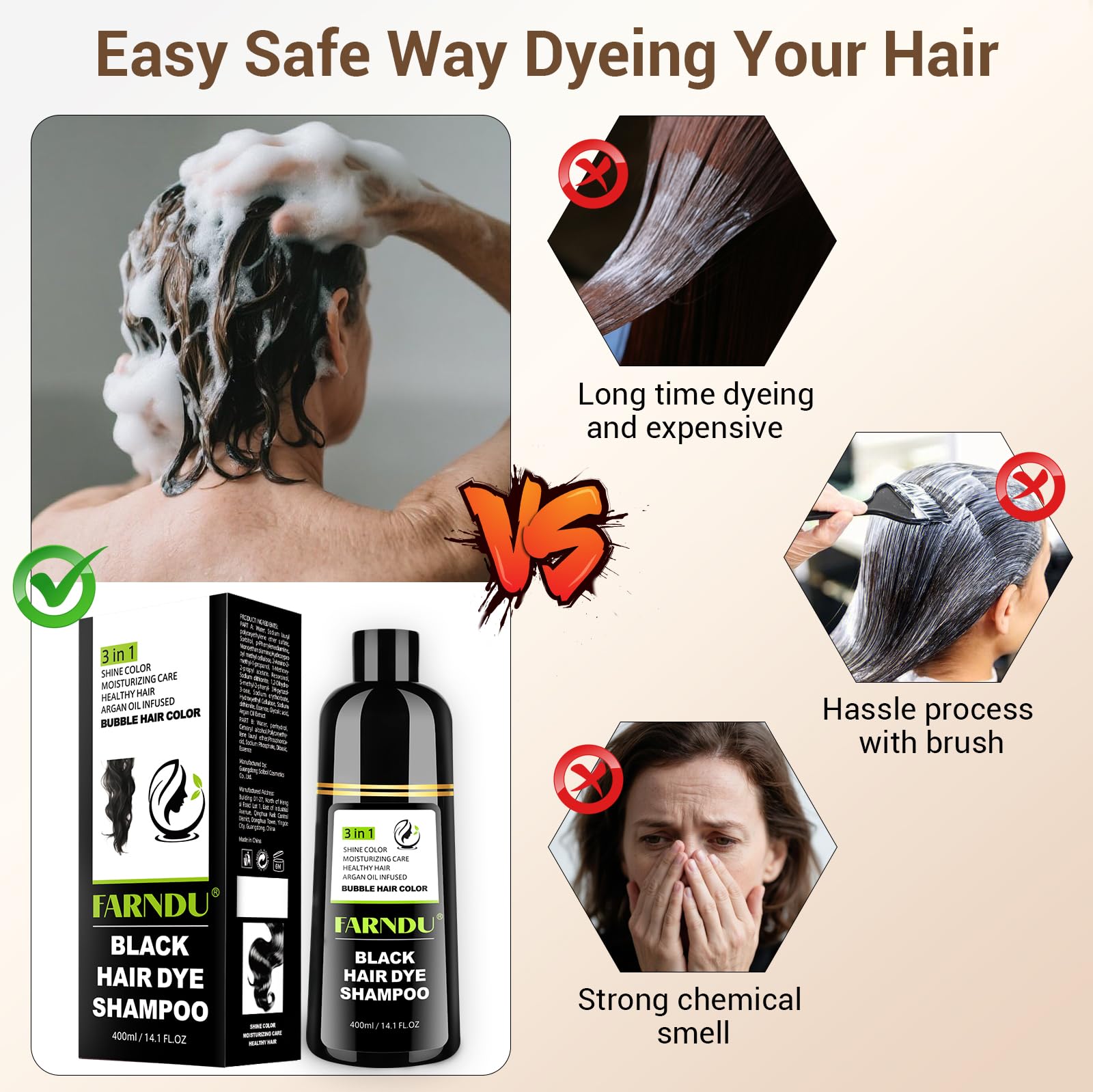 Farndu Black Hair Dye Shampoo for Women & Men, Gray Hair Coverage, 3-in-1 Hair Color Shampoo