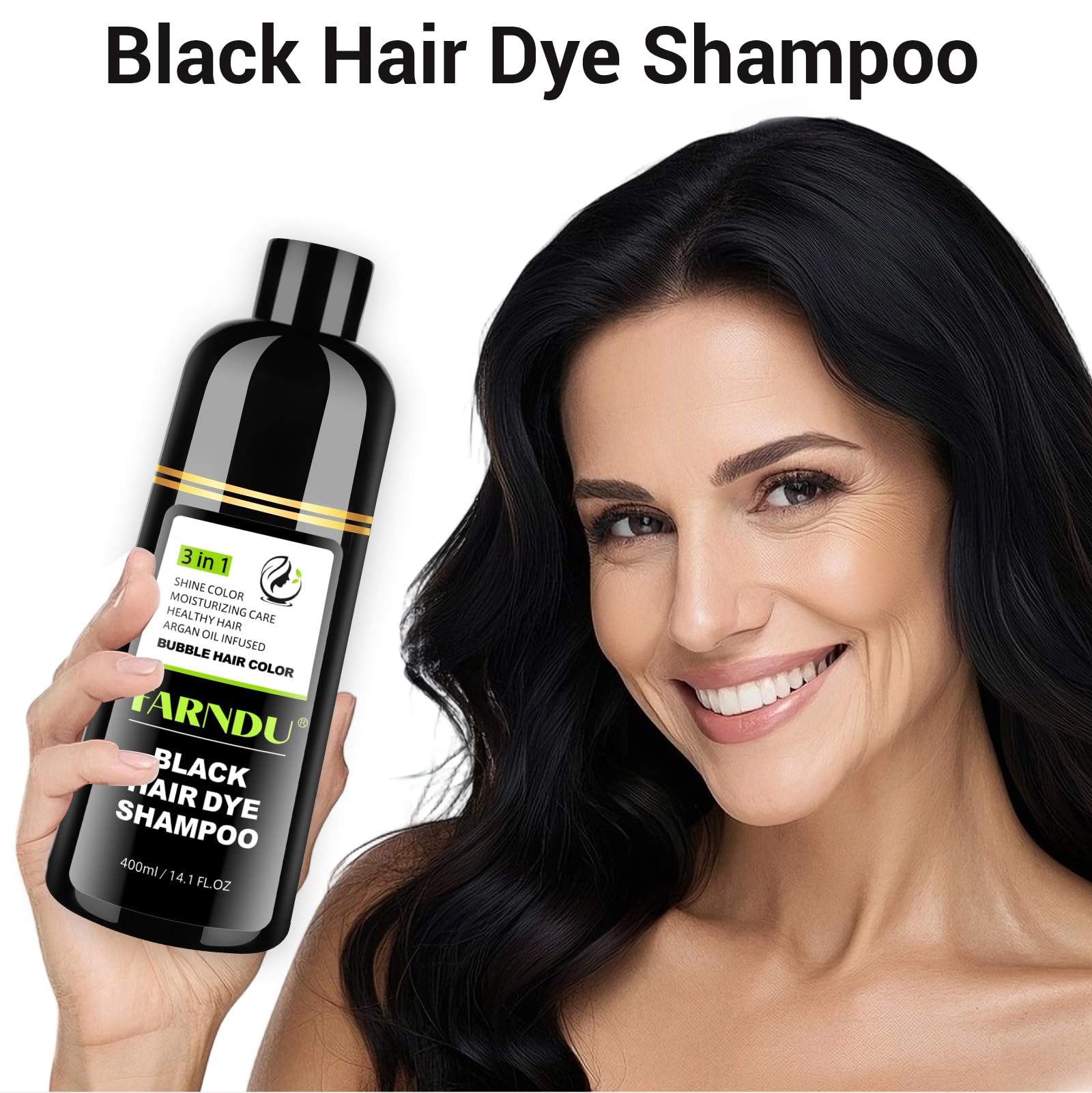 Farndu Black Hair Dye Shampoo for Women & Men, Gray Hair Coverage, 3-in-1 Hair Color Shampoo