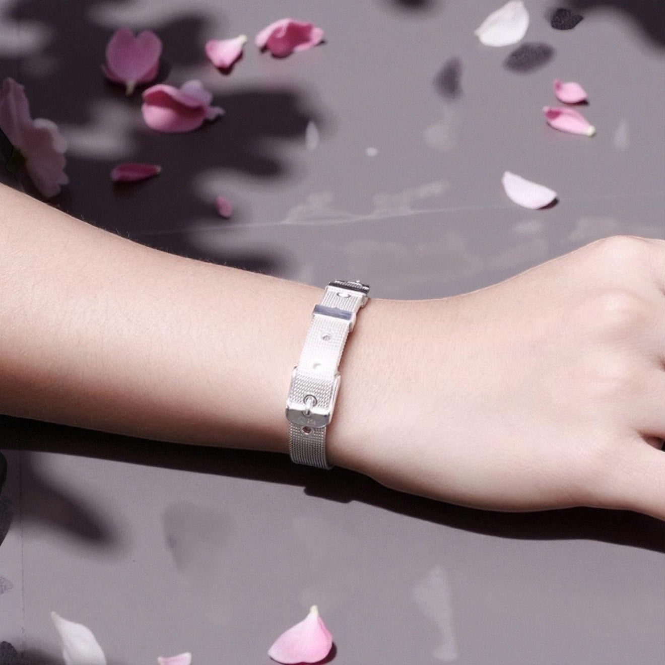 Mesh Strap Buckle Bracelet, Silver-Tone, Stamped 925 Style, Adjustable