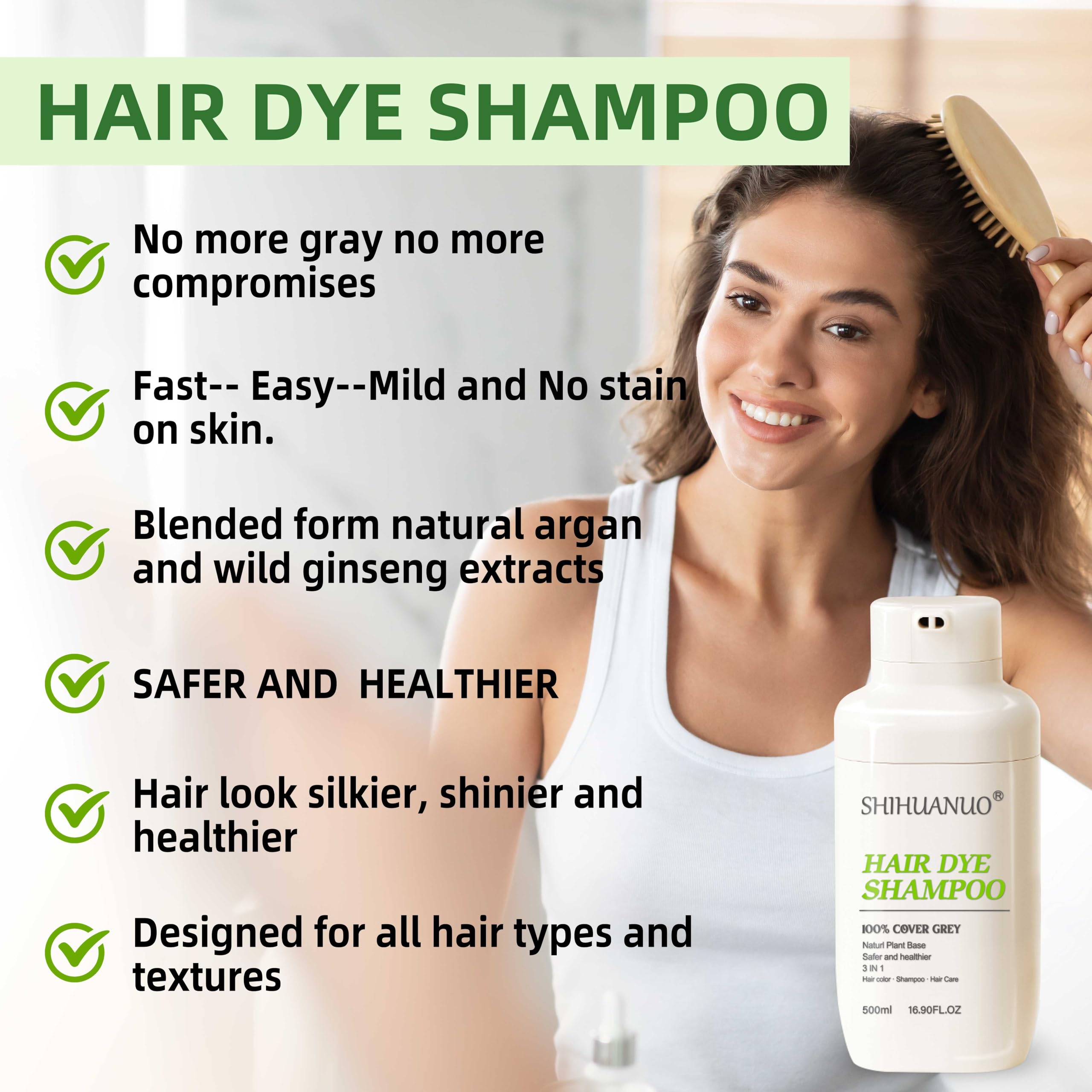 SHIHUANUO Hair Dye Shampoo 3 in 1 for Gray Hair Coverage Argan nut Natural Shampoo Black Hair Dye for Women & Men/Ammonia-Free 520ml（naturl black）