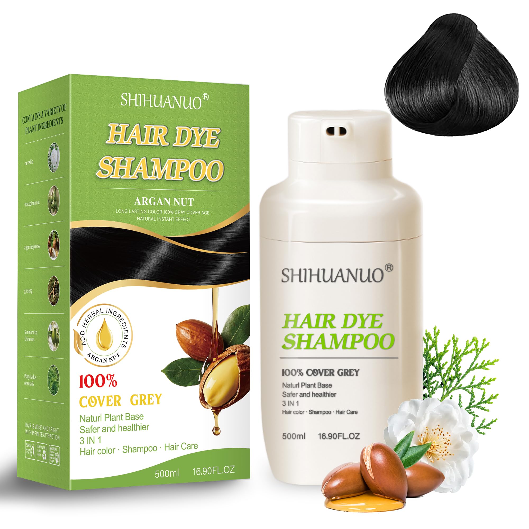 SHIHUANUO Hair Dye Shampoo 3 in 1 for Gray Hair Coverage Argan nut Natural Shampoo Black Hair Dye for Women & Men/Ammonia-Free 520ml（naturl black）