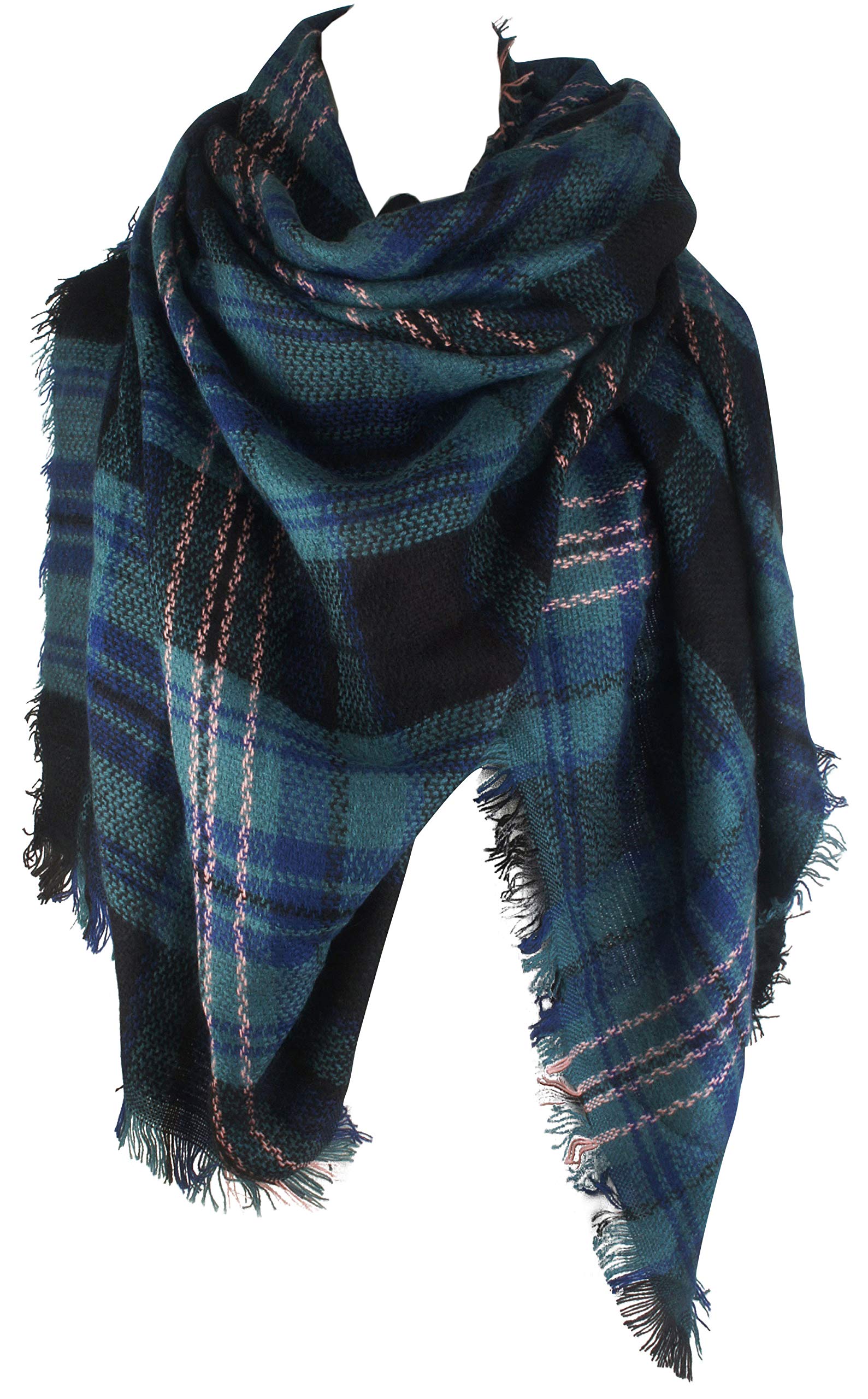 Women's Fall Winter Scarf Classic Tassel Plaid Tartan Scarf Warm Soft Chunky Large Blanket Wrap Shawl Scarves Green Blue