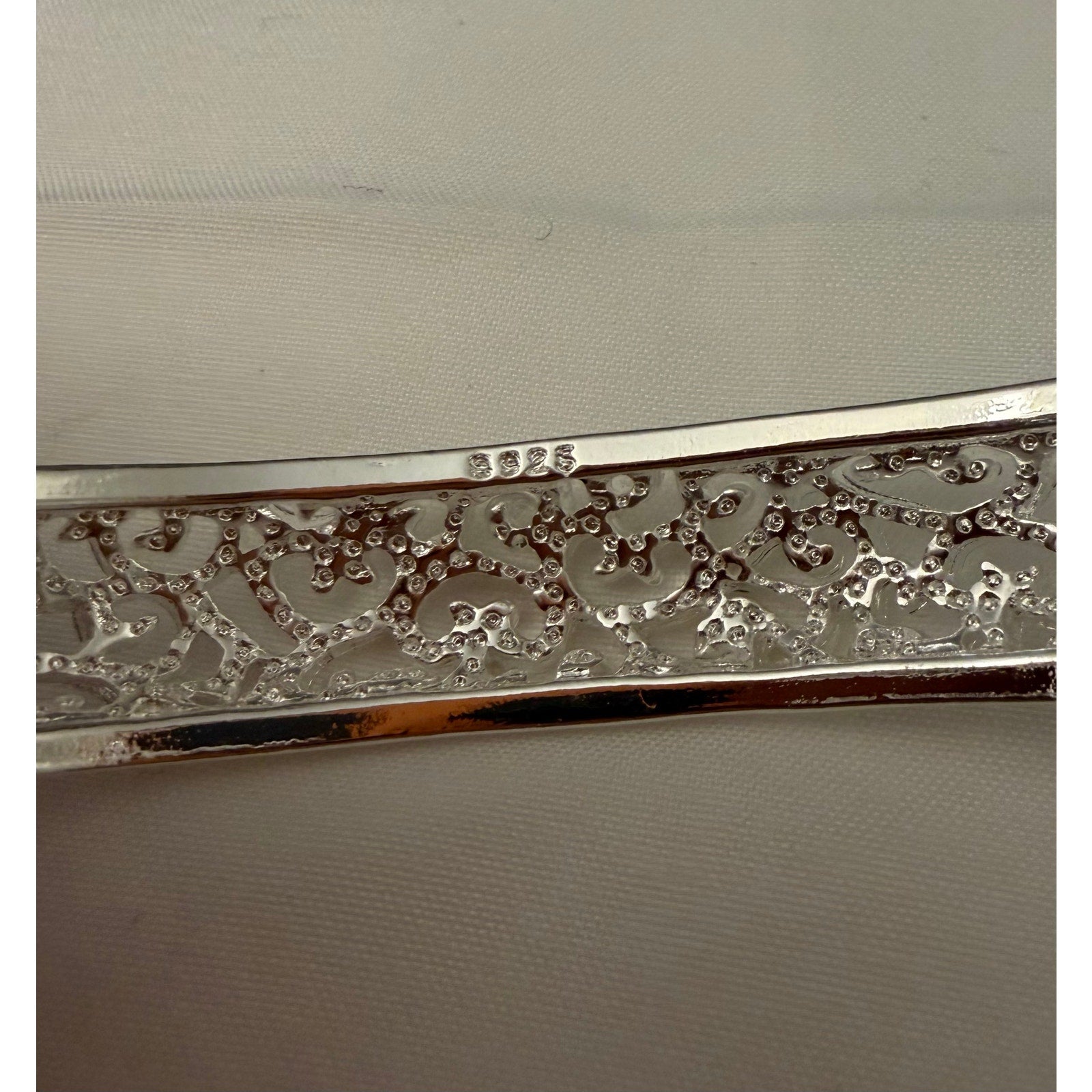 Silver-Tone Filigree Bangle, Stamped S925, Open Cuff, Fits 6-8" Writs