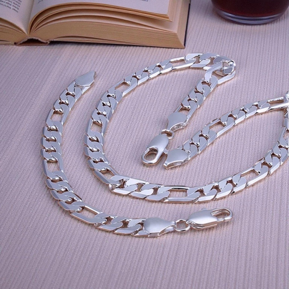 12MM Figaro Set 925 Sterling Silver 28” Necklace 7” Bracelet unisex Heavy