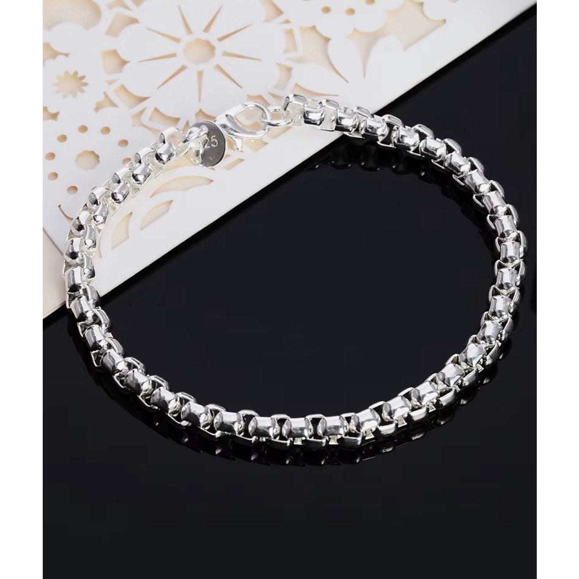 925 Sterling silver Stamped Round Lattice Chain 20CM Bracelet Women Man