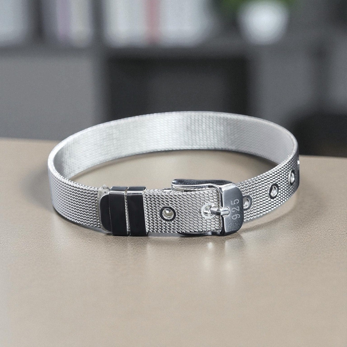Mesh Strap Buckle Bracelet, Silver-Tone, Stamped 925 Style, Adjustable