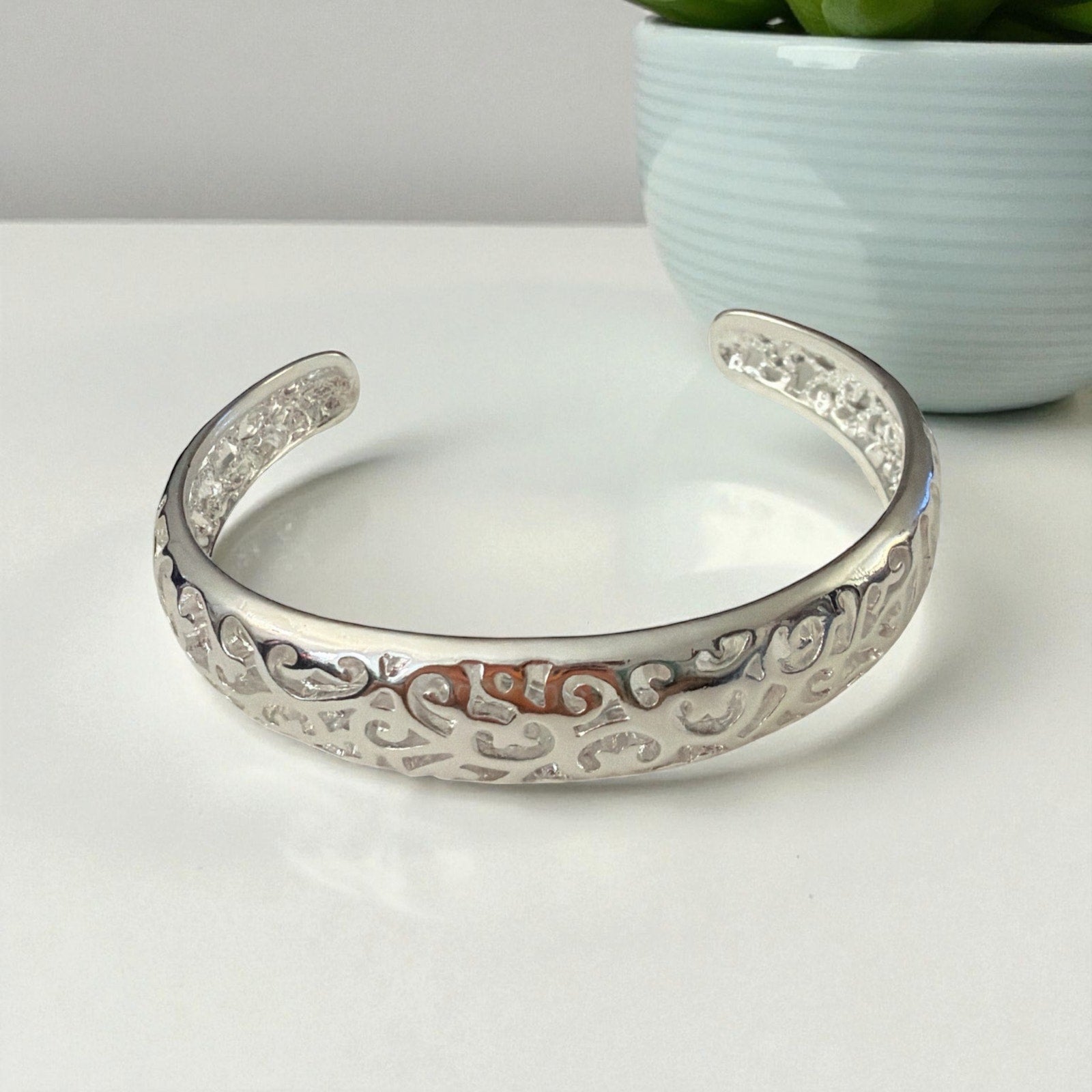 Silver-Tone Filigree Bangle, Stamped S925, Open Cuff, Fits 6-8" Writs