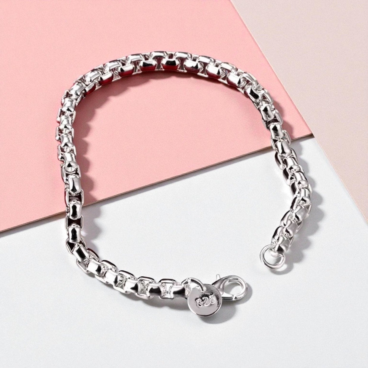 925 Sterling silver Stamped Round Lattice Chain 20CM Bracelet Women Man