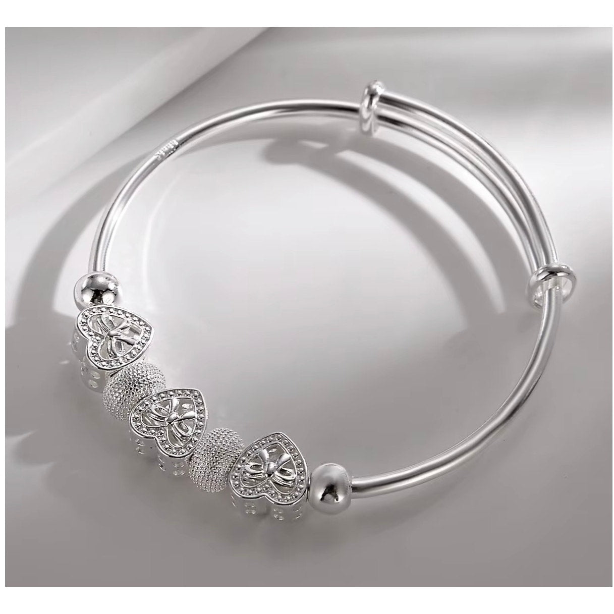 Adjustable Heart Charm Bangle, Silver-Tone, Stamped 925 Style