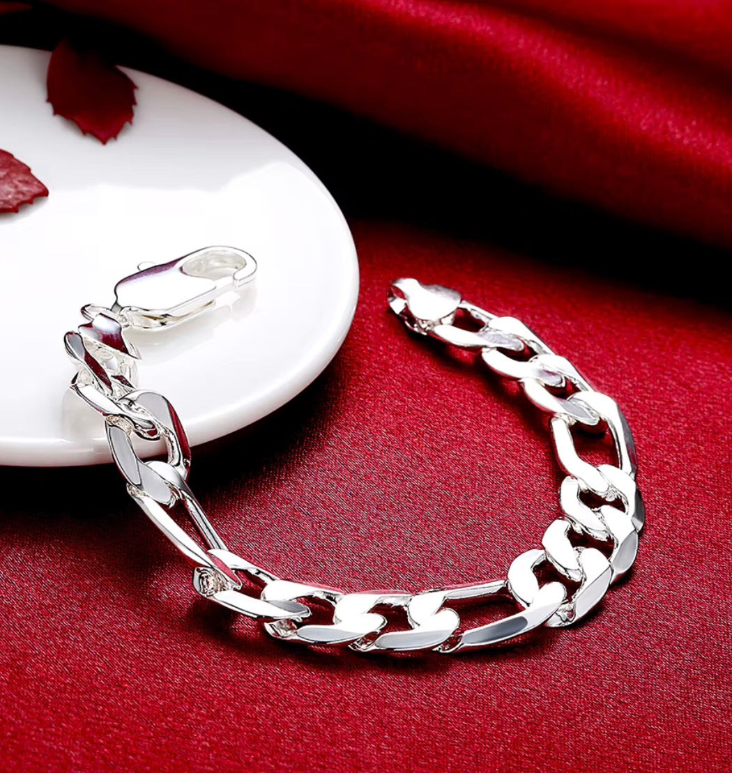 925 Sterling Silver Figaro Bracelet – 12MM, 8"