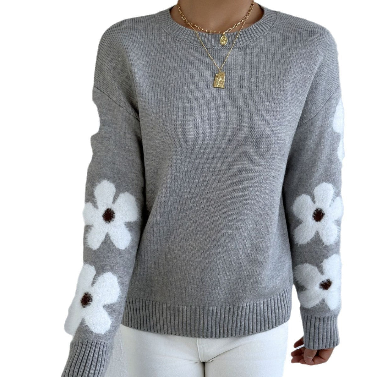 Fashion Flower Jacquard Knitted Pullover Sweater