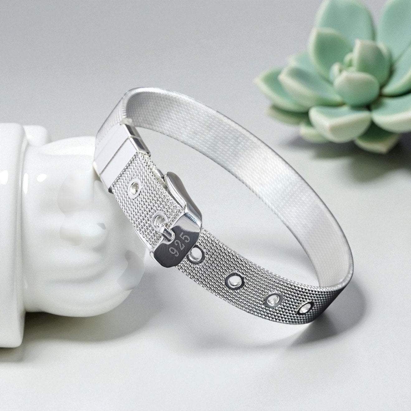 Mesh Strap Buckle Bracelet, Silver-Tone, Stamped 925 Style, Adjustable