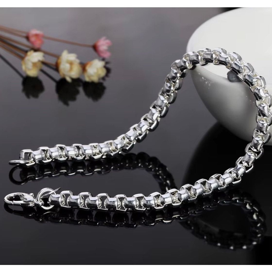 925 Sterling silver Stamped Round Lattice Chain 20CM Bracelet Women Man