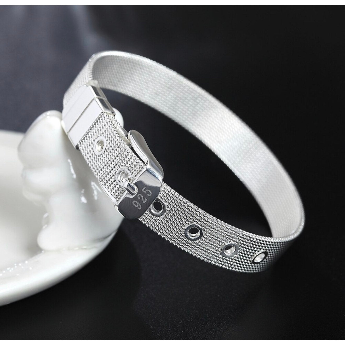 Mesh Strap Buckle Bracelet, Silver-Tone, Stamped 925 Style, Adjustable