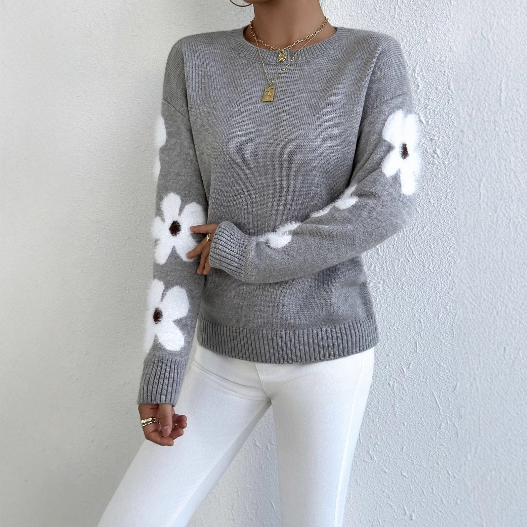 Fashion Flower Jacquard Knitted Pullover Sweater