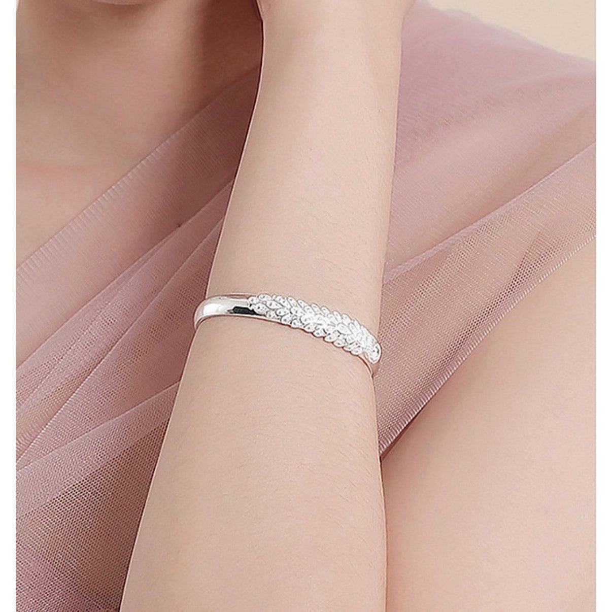 Adjustable Heart Charm Bangle, Silver-Tone, Stamped 925 Style