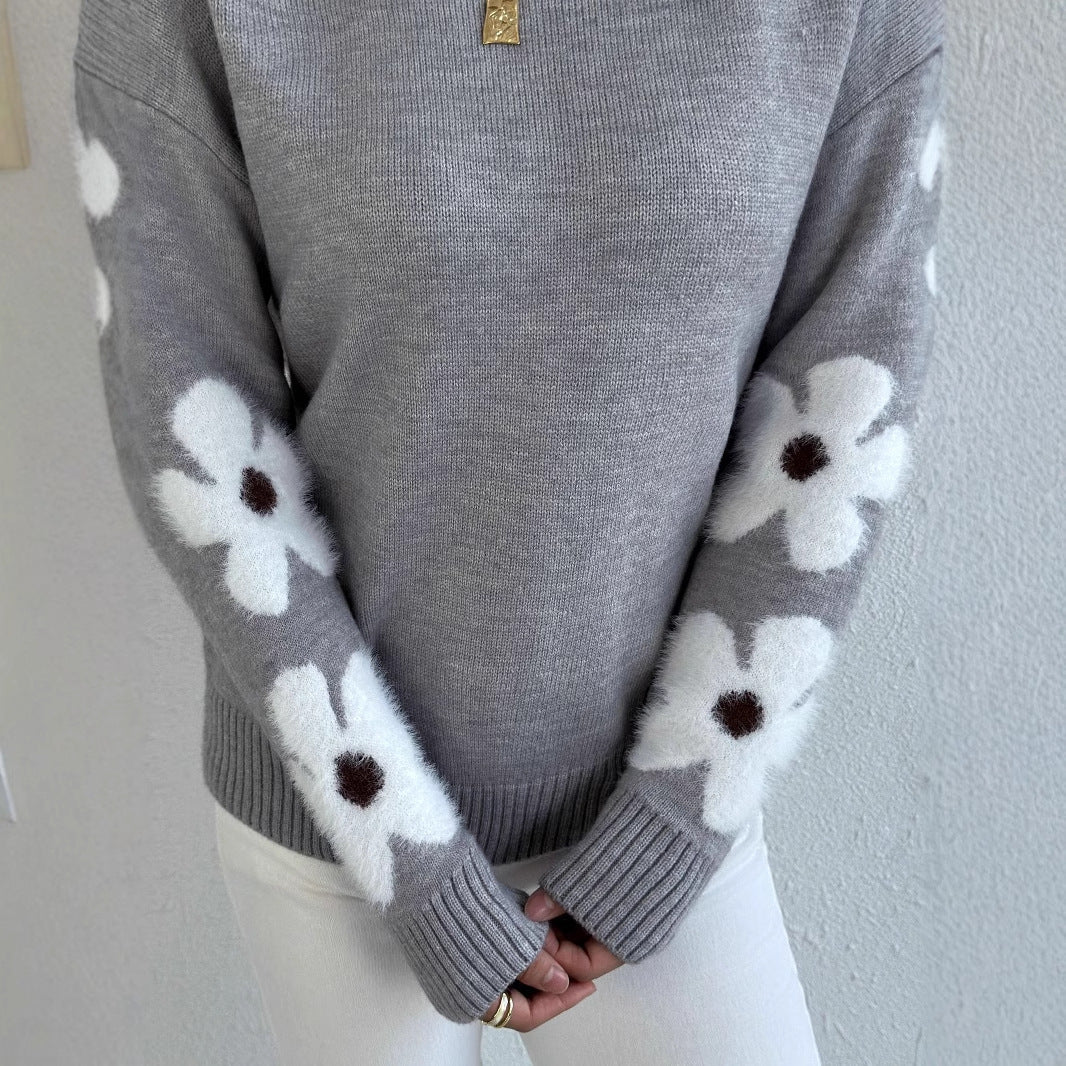Fashion Flower Jacquard Knitted Pullover Sweater