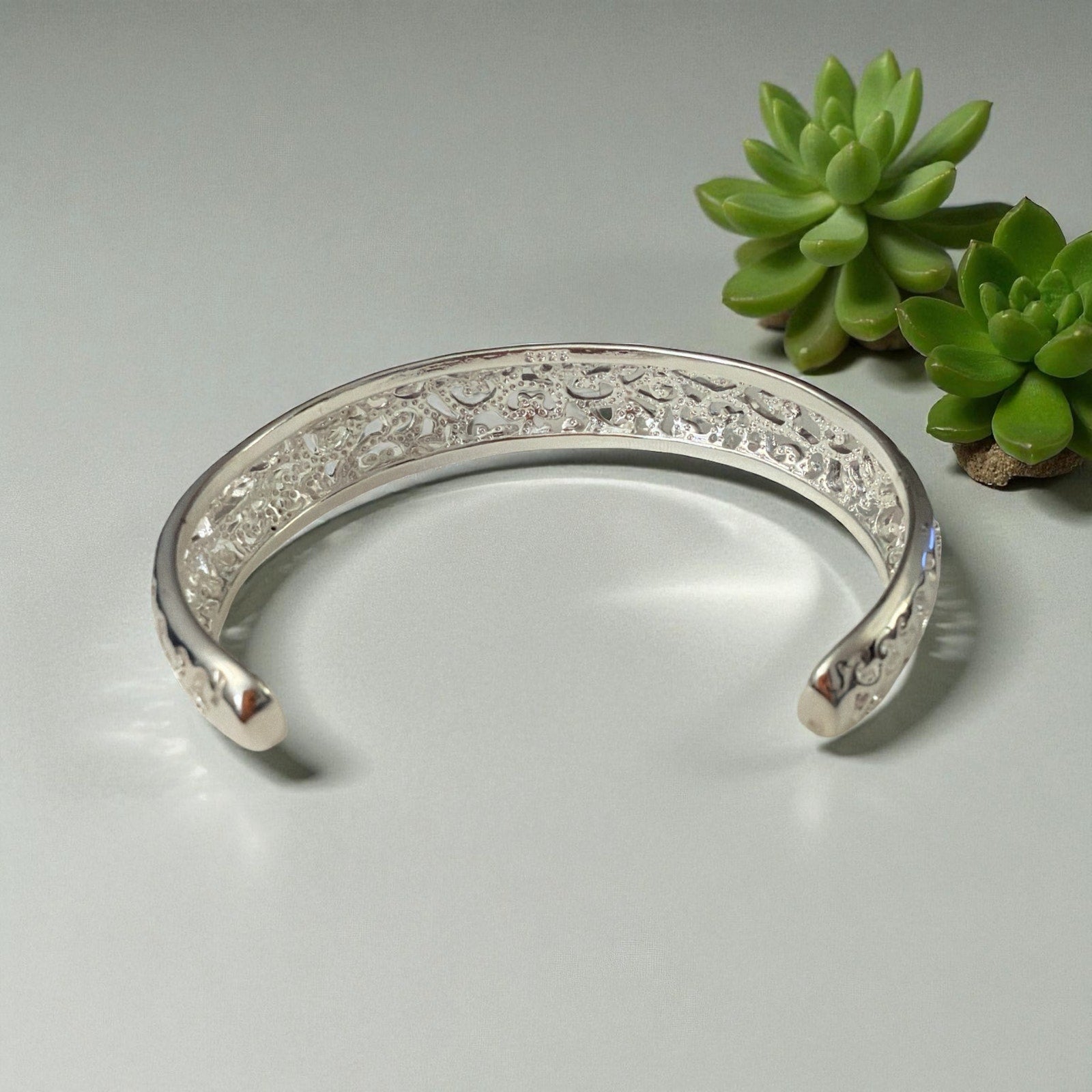 Silver-Tone Filigree Bangle, Stamped S925, Open Cuff, Fits 6-8" Writs