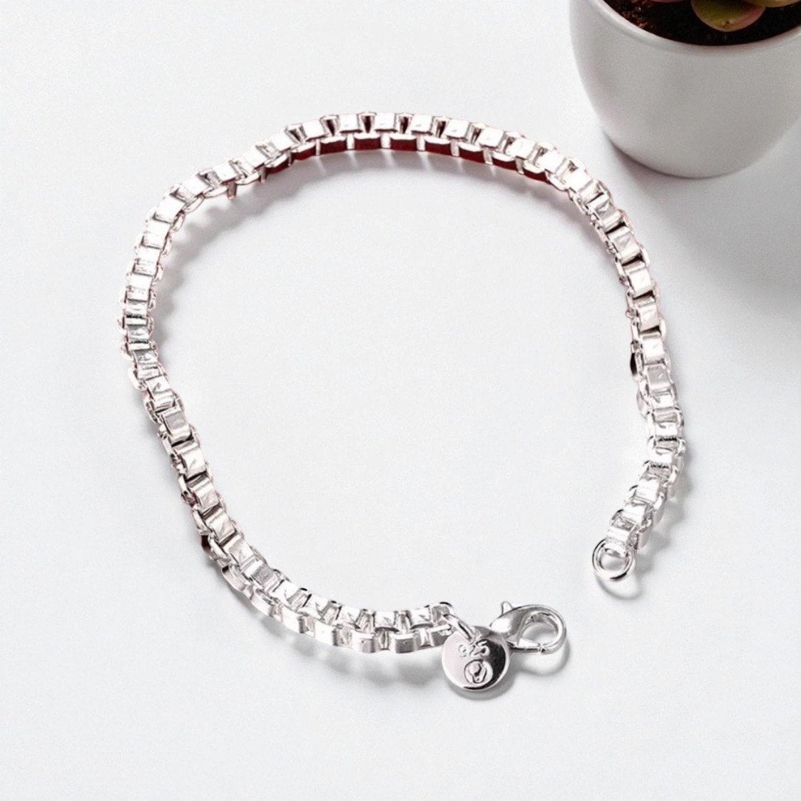 4MM box chain 925 Stamp Silver color Bracelet 7” Unisex