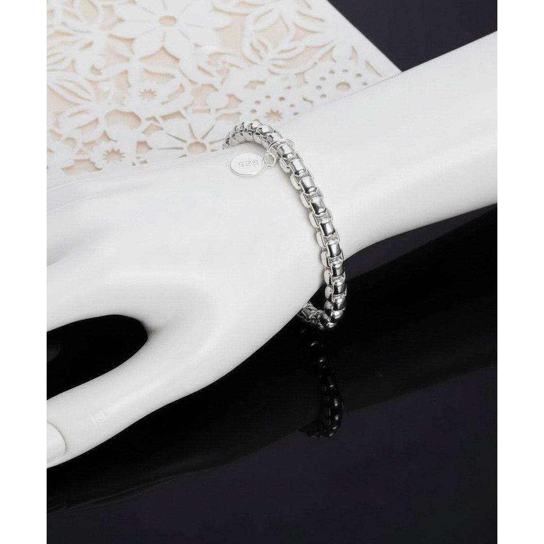 925 Sterling silver Stamped Round Lattice Chain 20CM Bracelet Women Man