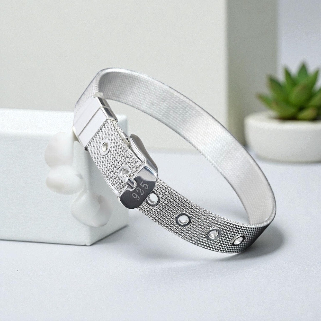 Mesh Strap Buckle Bracelet, Silver-Tone, Stamped 925 Style, Adjustable